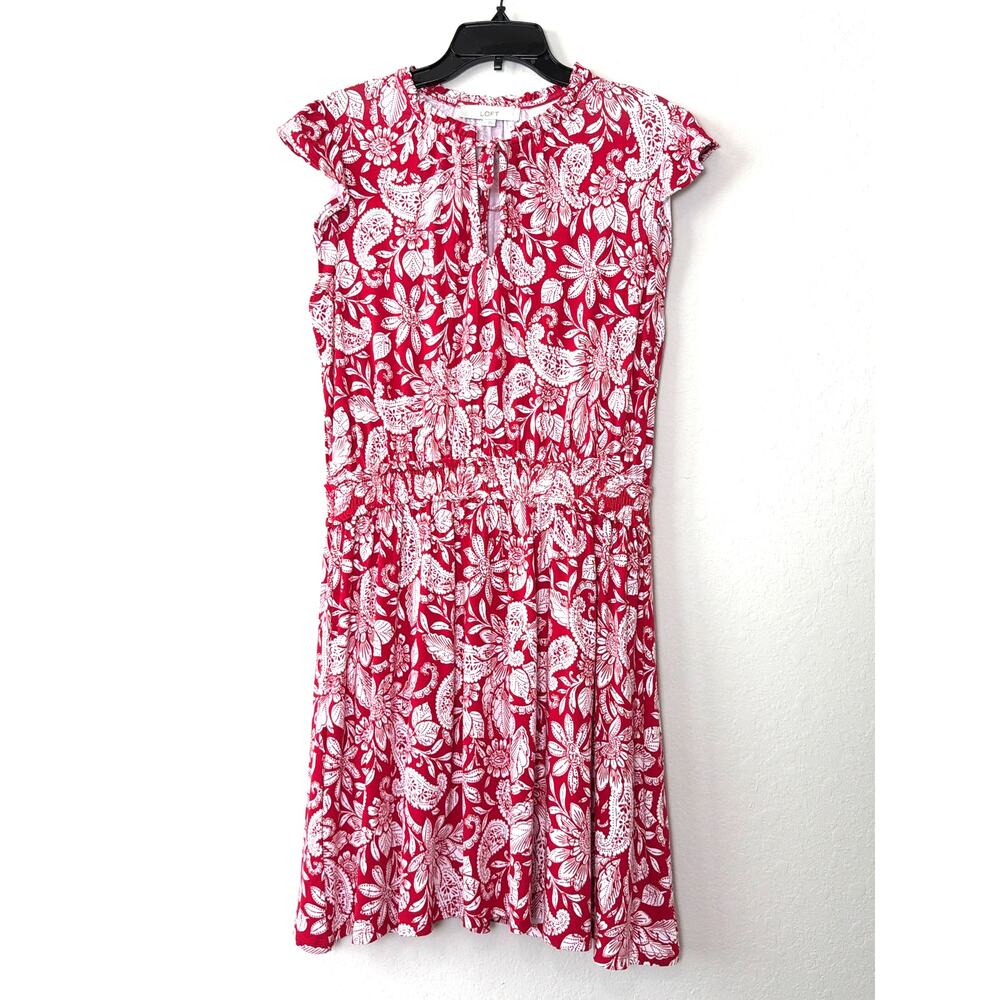 LOFT Red White Floral Paisley Midi Dress Flutter Sleeves Women’s Size Large
